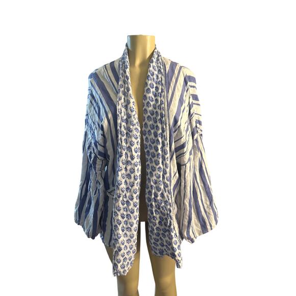 Women OS Anthropologie In Our Nature Seaside Striped Kimono Blue White Robe - Picture 2 of 6